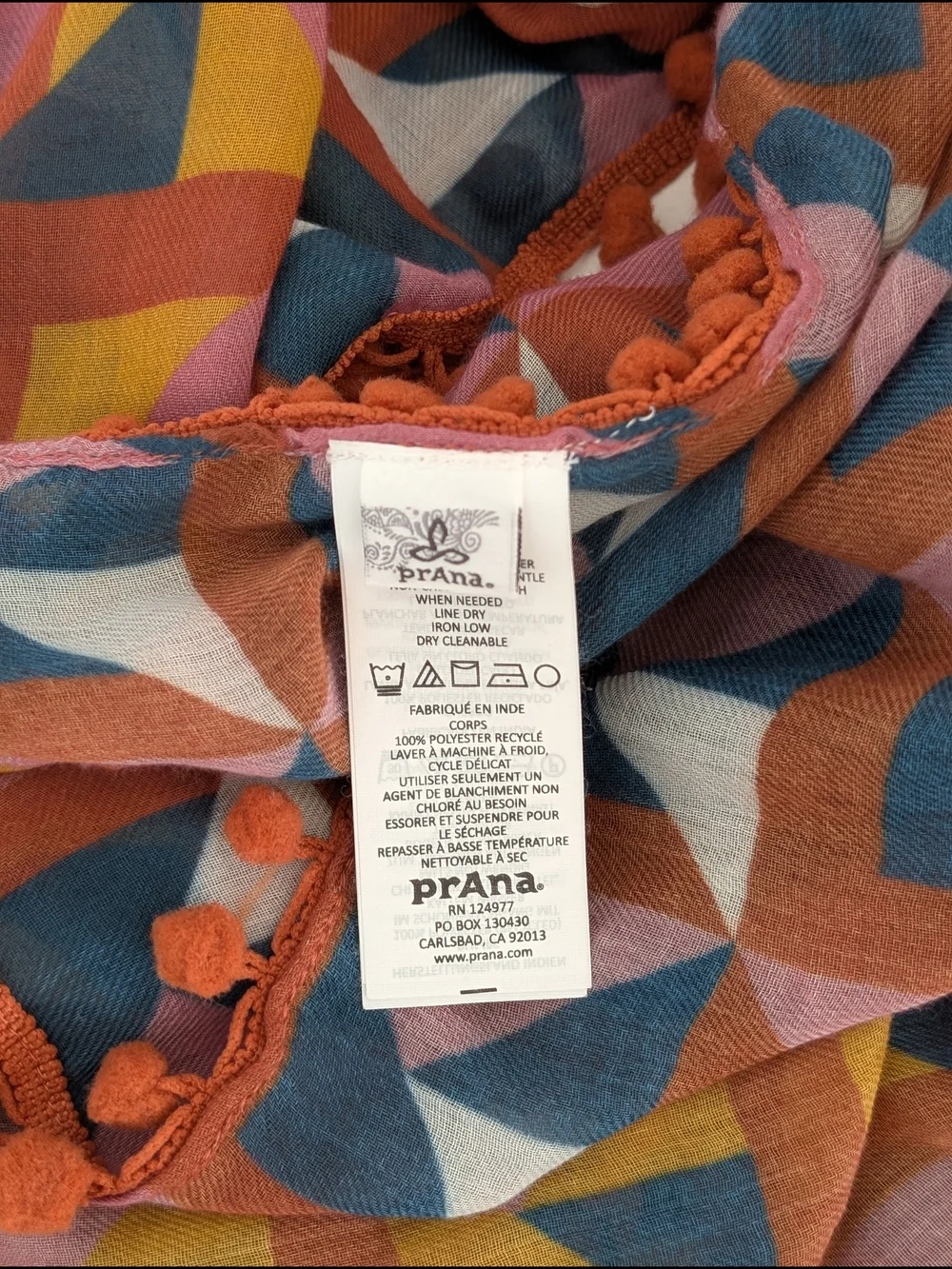 Prana Scarf Geometric Block Print Pom-Pom Trim Oversized 68